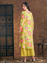 Women's Green Ethnic Floral Printed Crop Top with Embroidered Printed Long Jacket and Flared Palazzo