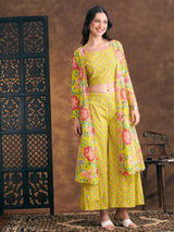 Women's Green Ethnic Floral Printed Crop Top with Embroidered Printed Long Jacket and Flared Palazzo