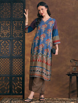Women's Blue Ethnic Floral Printed Embroidered Straight Fit Kurta with Palazzo