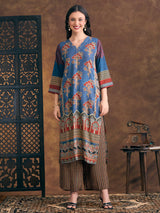 Women's Blue Ethnic Floral Printed Embroidered Straight Fit Kurta with Palazzo