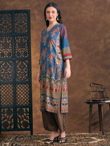 Women's Blue Ethnic Floral Printed Embroidered Straight Fit Kurta with Palazzo
