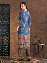 Women's Blue Ethnic Floral Printed Embroidered Straight Fit Kurta with Palazzo
