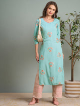 Women's Blue Solid Gota Patti & Resham Embroidered Straight Fit Kurta