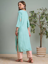 Women's Blue Solid Gota Patti & Resham Embroidered Straight Fit Kurta