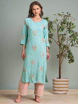 Women's Blue Solid Gota Patti & Resham Embroidered Straight Fit Kurta