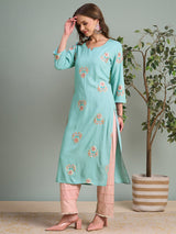 Women's Blue Solid Gota Patti & Resham Embroidered Straight Fit Kurta