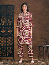 Women's Maroon Ethnic Ikat Printed Embroidered Straight Fit Kurta with Pant