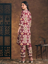 Women's Maroon Ethnic Ikat Printed Embroidered Straight Fit Kurta with Pant