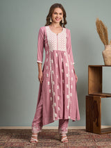 Women's Pink Chikankari Embroidered A-Line Paneled Kurta with Pant
