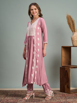 Women's Pink Chikankari Embroidered A-Line Paneled Kurta with Pant