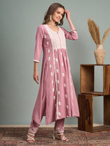 Women's Pink Chikankari Embroidered A-Line Paneled Kurta with Pant