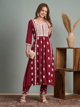 Women's Maroon Chikankari Embroidered A-Line Paneled Kurta with Pant