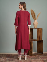 Women's Maroon Chikankari Embroidered A-Line Paneled Kurta with Pant