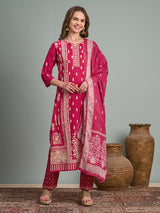 Women's Rani Ethnic Floral Printed Embroidered Straight Fit Kurta with Pant and Dupatta