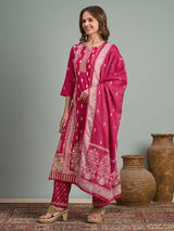 Women's Rani Ethnic Floral Printed Embroidered Straight Fit Kurta with Pant and Dupatta