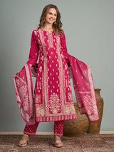 Women's Rani Ethnic Floral Printed Embroidered Straight Fit Kurta with Pant and Dupatta