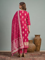 Women's Rani Ethnic Floral Printed Embroidered Straight Fit Kurta with Pant and Dupatta