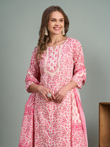 Women's Pink Ethnic Floral Printed Embroidered Straight Fit Kurta with Pant and Dupatta
