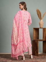 Women's Pink Ethnic Floral Printed Embroidered Straight Fit Kurta with Pant and Dupatta