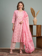 Women's Pink Ethnic Floral Printed Embroidered Straight Fit Kurta with Pant and Dupatta