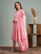 Women's Pink Ethnic Floral Printed Embroidered Straight Fit Kurta with Pant and Dupatta