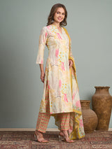 Women's Multicolor Abstract Floral Printed A-Line Paneled Kurta with Pant and Dupatta