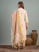 Women's Multicolor Abstract Floral Printed A-Line Paneled Kurta with Pant and Dupatta