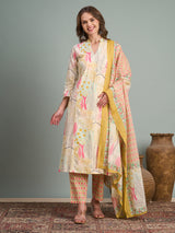 Women's Multicolor Abstract Floral Printed A-Line Paneled Kurta with Pant and Dupatta