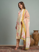Women's Multicolor Abstract Floral Printed A-Line Paneled Kurta with Pant and Dupatta