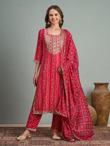 Women's Pink Bandhani Printed and Embroidered Straight Fit Kurta with Pant and Dupatta