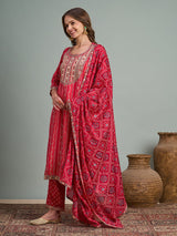 Women's Pink Bandhani Printed and Embroidered Straight Fit Kurta with Pant and Dupatta