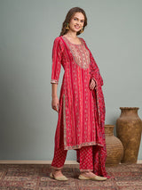 Women's Pink Bandhani Printed and Embroidered Straight Fit Kurta with Pant and Dupatta