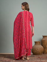 Women's Pink Bandhani Printed and Embroidered Straight Fit Kurta with Pant and Dupatta