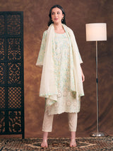 Women's Light Green Ethnic Printed and Floral Embroidered Straight Fit Kurta with Pant and Dupatta
