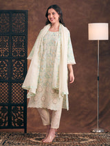 Women's Light Green Ethnic Printed and Floral Embroidered Straight Fit Kurta with Pant and Dupatta