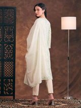 Women's Light Green Ethnic Printed and Floral Embroidered Straight Fit Kurta with Pant and Dupatta