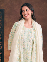 Women's Light Green Ethnic Printed and Floral Embroidered Straight Fit Kurta with Pant and Dupatta