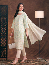 Women's Light Green Ethnic Printed and Floral Embroidered Straight Fit Kurta with Pant and Dupatta