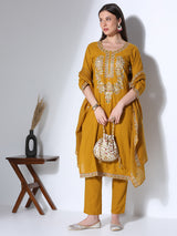 Women's Mustard Solid Ethnic Embroidered Straight Fit Kurta with Pant and Dupatta