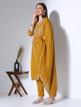 Women's Mustard Solid Ethnic Embroidered Straight Fit Kurta with Pant and Dupatta