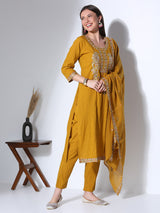 Women's Mustard Solid Ethnic Embroidered Straight Fit Kurta with Pant and Dupatta