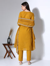 Women's Mustard Solid Ethnic Embroidered Straight Fit Kurta with Pant and Dupatta