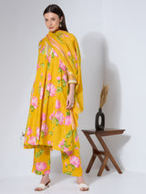 Women's Yellow Floral Printed and Embroidered A-Line Paneled Kurta with Palazzo and Dupatta