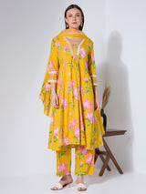 Women's Yellow Floral Printed and Embroidered A-Line Paneled Kurta with Palazzo and Dupatta