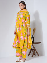Women's Yellow Floral Printed and Embroidered A-Line Paneled Kurta with Palazzo and Dupatta