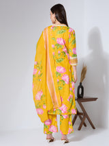Women's Yellow Floral Printed and Embroidered A-Line Paneled Kurta with Palazzo and Dupatta