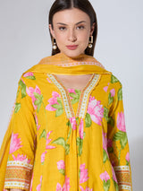 Women's Yellow Floral Printed and Embroidered A-Line Paneled Kurta with Palazzo and Dupatta