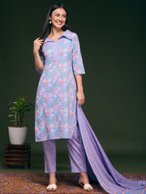 Women's Blue Floral Printed Straight Fit Kurta with Pant and Pure Cotton Dupatta