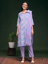 Women's Blue Floral Printed Straight Fit Kurta with Pant and Pure Cotton Dupatta