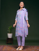 Women's Blue Floral Printed Straight Fit Kurta with Pant and Pure Cotton Dupatta